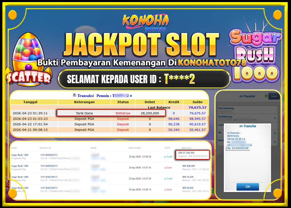 KONOHATOTO78 JACKPOT SUGAR RUSH 1000 Rp.28.200.000,- LUNAS
